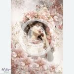 Dama w Kwiatach – Papier ryżowy A4 od MariviriDesign z romantycznym motywem kobiety w kapeluszu ozdobionym kwiatami. Delikatna pastelowa kolorystyka, duże kwiaty w odcieniach różu i beżu oraz subtelne detale w stylu vintage. Idealny do decoupage i projektów shabby chic
