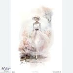 Papier ryżowy A4 od MariviriDesign z motywem eleganckiej kobiety w zwiewnej sukni i kapeluszu, spacerującej pośród różowych kwiatów. Delikatna, akwarelowa stylistyka w pastelowych odcieniach, idealna do decoupage w stylu vintage i shabby chic.”