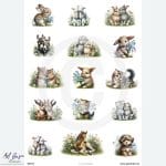 Urocze zwierzątka.Papier ryżowy A4 z ilustracjami zwierząt – króliczki, kózki, osiołki, kotki, źrebię i szczeniaczek wśród kwiatów. Rustykalny styl, idealny do decoupage i dekoracji wielkanocnych.