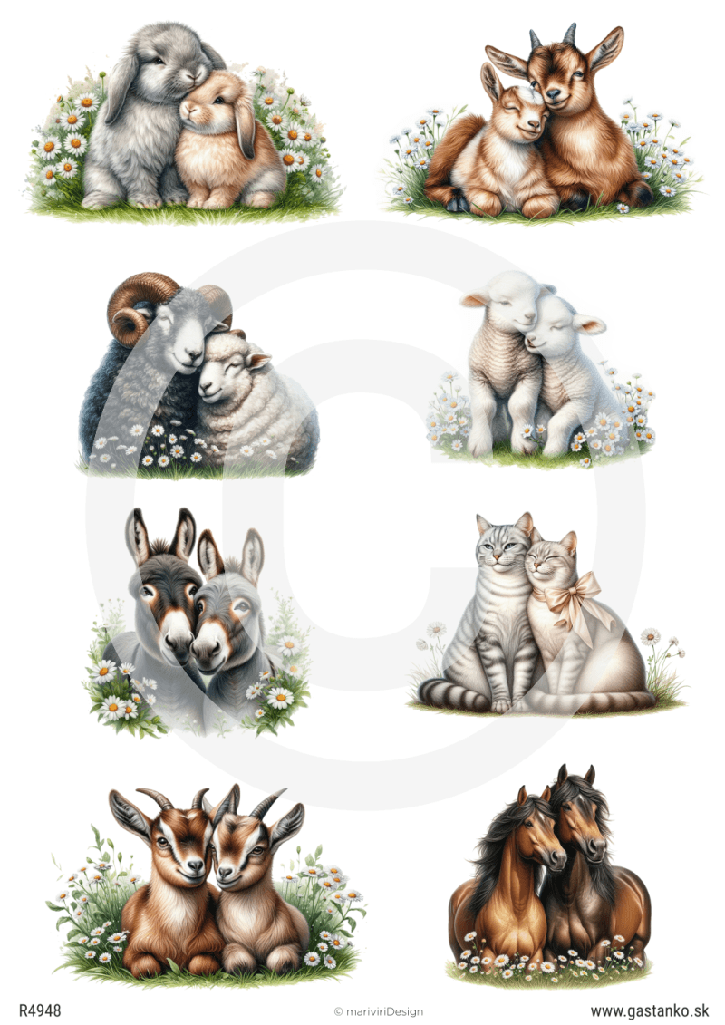 Papier ryżowy A4 od MariviriDesign z ilustracjami zwierząt gospodarskich – konie, osły, owce, kozy i króliki na tle polnych kwiatów. Idealny do decoupage w stylu country i vintage.