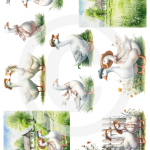 Papier ryżowy A4 od MariviriDesign z ilustracjami gęsi w kapeluszach, wiejskich domków i pejzaży. Styl rustykalny i pastelowe barwy sprawiają, że wzór jest idealny do decoupage w stylu vintage oraz wielkanocnych dekoracji.