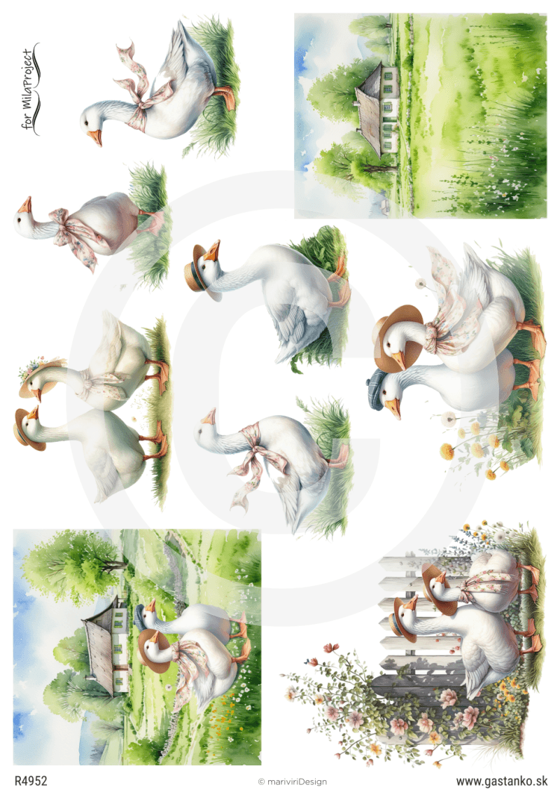 Papier ryżowy A4 od MariviriDesign z ilustracjami gęsi w kapeluszach, wiejskich domków i pejzaży. Styl rustykalny i pastelowe barwy sprawiają, że wzór jest idealny do decoupage w stylu vintage oraz wielkanocnych dekoracji.