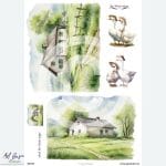 Rustykalna zagroda. Papier ryżowy A4 od MariviriDesign z pejzażami wiejskimi, chatkami i gęsiami w kapeluszach. Styl shabby chic i rustykalne motywy sprawiają, że wzór świetnie nadaje się do dekoracji w stylu country i wielkanocnych ozdób.