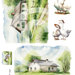 Papier ryżowy A4 od MariviriDesign z ilustracjami wiejskich domków i gęsi w kapeluszach. Styl rustykalny i pastelowe barwy sprawiają, że wzór jest idealny do decoupage w stylu vintage oraz wielkanocnych dekoracji.