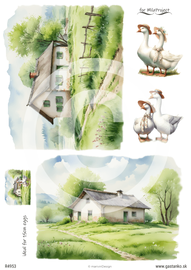 Papier ryżowy A4 od MariviriDesign z ilustracjami wiejskich domków i gęsi w kapeluszach. Styl rustykalny i pastelowe barwy sprawiają, że wzór jest idealny do decoupage w stylu vintage oraz wielkanocnych dekoracji.