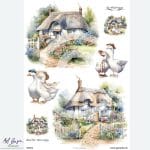 Sielskie chatki. Papier ryżowy A4 od MariviriDesign z pejzażami wiejskimi, chatkami i gęsiami w kapeluszach. Styl shabby chic i rustykalne motywy sprawiają, że wzór świetnie nadaje się do dekoracji w stylu country i wielkanocnych ozdób.