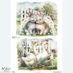 Papier ryżowy A4 od MariviriDesign z dwoma ilustracjami – para królików wśród stokrotek oraz gęsi w kapeluszach na tle wiejskiego płotka. Wzór w stylu shabby chic, prezentowany na tle sklepu Artbasia, idealny do rękodzieła i dekoracji rustykalnych.