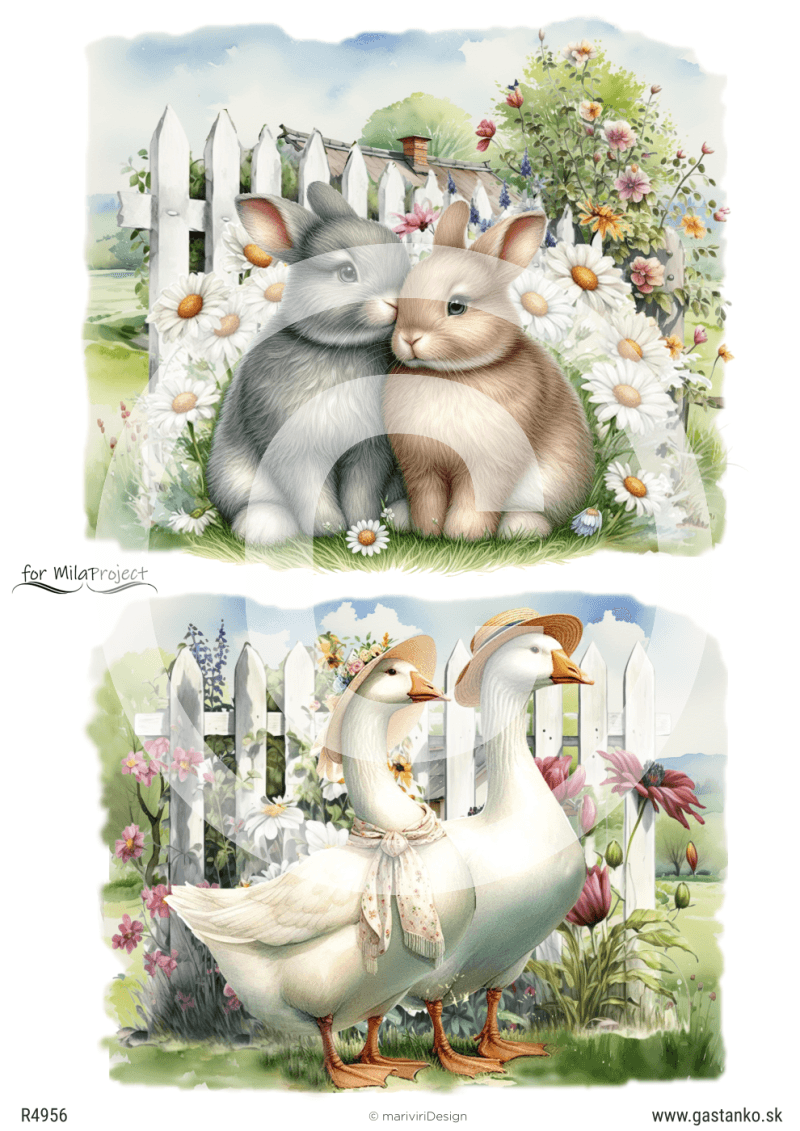 Papier ryżowy A4 od MariviriDesign z uroczymi ilustracjami królików i gęsi w rustykalnym otoczeniu. Delikatne pastelowe barwy i sielski klimat sprawiają, że wzór jest idealny do decoupage w stylu vintage i wielkanocnych dekoracji.