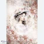Dama w kwiatach. Papier ryżowy A4 od MariviriDesign z romantycznym portretem kobiety i delikatnym kwiatowym tłem. Elegancki wzór, prezentowany na tle sklepu Artbasia, idealny do dekoracji w stylu shabby chic."