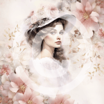 "Papier ryżowy A4 od MariviriDesign z portretem kobiety w kapeluszu otoczonym pastelowymi kwiatami. Subtelna akwarelowa stylistyka idealna do decoupage w stylu vintage i shabby chic."