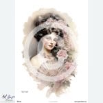 Dama z wachlarzem Papier ryżowy A4 od MariviriDesign przedstawiający elegancką kobietę w stylu wiktoriańskim z wachlarzem i kwiatami we włosach. Delikatna akwarelowa stylistyka, pastelowe barwy i subtelne detale idealne do decoupage w stylu vintage i shabby chic.