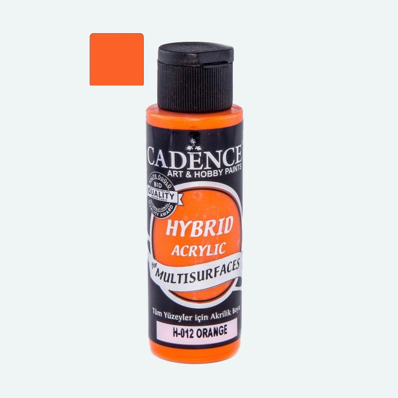 Farba akrylowa hybrydowa Cadence Hybrid Acrylic H-012 Pomarańcz 70 ml w butelce z czarną zakrętką, przeznaczona do różnych powierzchni, odporna na wilgoć i nietoksyczna, certyfikowana EN71 i CE.
