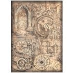 Papier ryżowy Stamperia A4 z kolekcji Sir Vagabond in Fantasy – wzór mechanizmów, trybików, zegarów i gotyckich łuków w stylu steampunk na tle vintage szkiców technicznych i odręcznego pisma