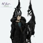 Zbliżenie na górną część figurki Diaboliny – twarz, rogi i misterny kołnierz – ArtBasia Handmade