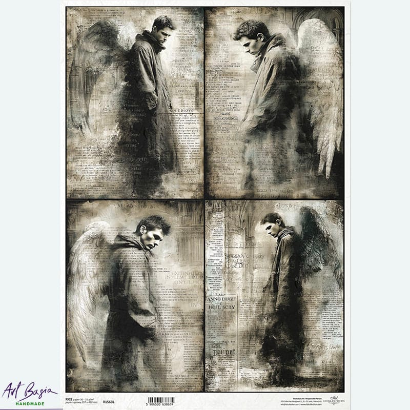 Papier ryżowy ITD Collection R1563L – motyw aniołów, męskich postaci i skrzydeł w stylu gotyk vintage (A3)