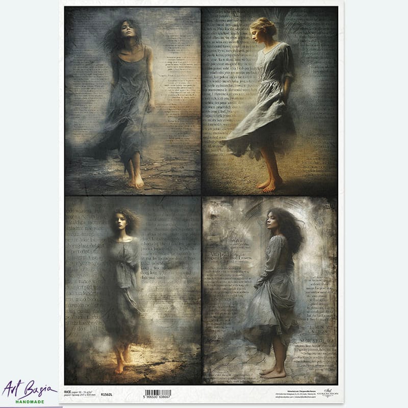 Papier ryżowy ITD Collection R1562L – kobiece portrety, zwiewne suknie i styl gotyk/vintage (A3)