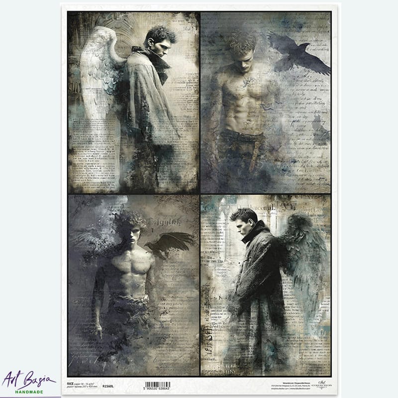 Papier ryżowy ITD Collection R1560L – anioły, upadli aniołowie i kruki w stylu gotyk/vintage (A3)