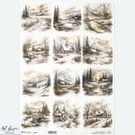 Papier ryżowy ITD Collection R1525L A3 – zimowy pejzaż, góry, las, domek, natura