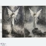 Papier ryżowy ITD Collection R2550 A4 z motywem eterycznego anioła unoszącego się nad wodą w mrocznym, baśniowym krajobr