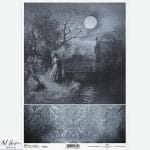 Papier ryżowy ITD Collection R1936 A4 z romantyczną sceną nocną pod księżycem i ornamentowym tłem w stylu gotyk/vintage
