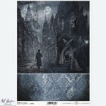 Papier ryżowy ITD Collection R1931 A4 z motywem mrocznej gotyckiej ulicy nocą, księżycem, gargulcami i tajemniczą postacią