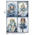 Papier ryżowy ABstudio 6298 A4 z zimowym motywem dziewczynki, prezentów i pastelowych dekoracji w odcieniach błękitu