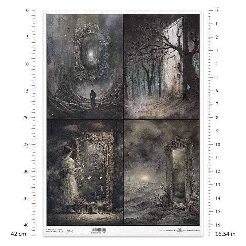 Papier ryżowy ITD Collection R1344L A3 z motywem mrocznego krajobrazu w stylu vintage i gothic