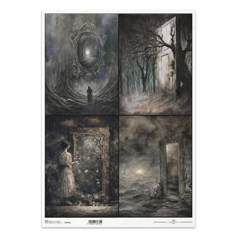 Papier ryżowy ITD Collection R1344L A3 z motywem mrocznego krajobrazu w stylu vintage i gothic