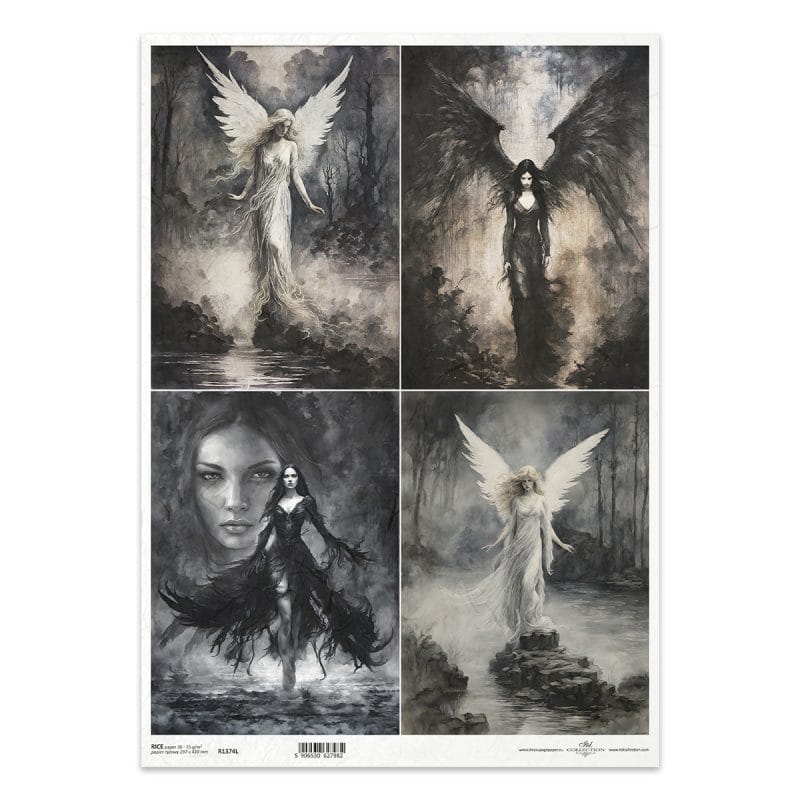Papier ryżowy ITD Collection R1374L – „Lost in a Fairy Tale”, anioły i skrzydła, format A3
