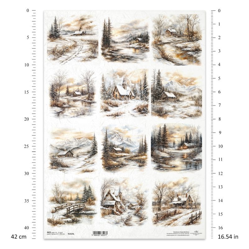 Papier ryżowy ITD Collection R1525L A3 – zimowy pejzaż, góry, las, domek, natura