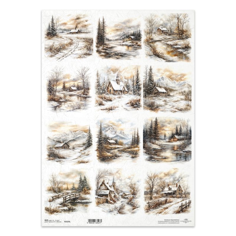 Papier ryżowy ITD Collection R1525L A3 – zimowy pejzaż, góry, las, domek, natura