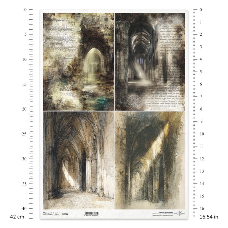 Papier ryżowy ITD Collection R1557L w formacie A3 z motywem gotyckich ruin, kolumn i sklepionych wnętrz
