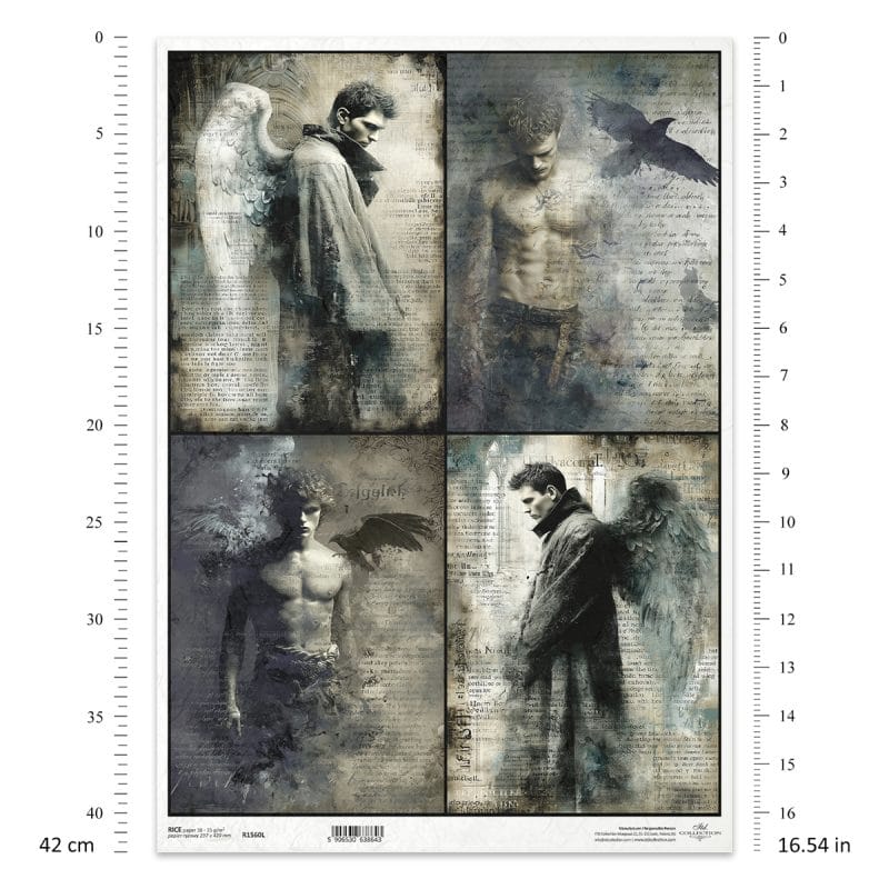 Papier ryżowy ITD Collection R1560L – anioły, upadli aniołowie i kruki w stylu gotyk/vintage (A3)