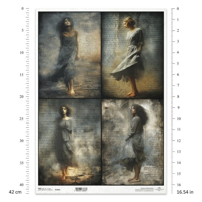 Papier ryżowy ITD Collection R1562L – kobiece portrety, zwiewne suknie i styl gotyk/vintage (A3)