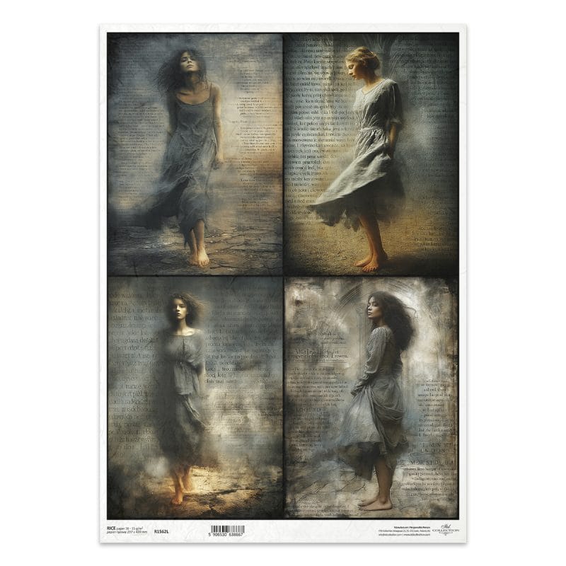 Papier ryżowy ITD Collection R1562L – kobiece portrety, zwiewne suknie i styl gotyk/vintage (A3)