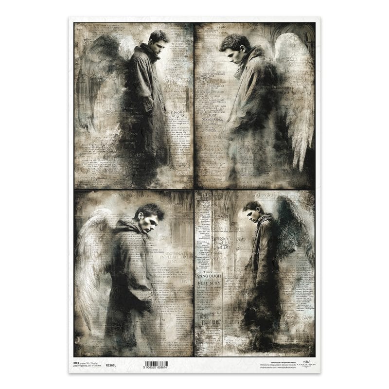 Papier ryżowy ITD Collection R1563L – motyw aniołów, męskich postaci i skrzydeł w stylu gotyk vintage (A3)
