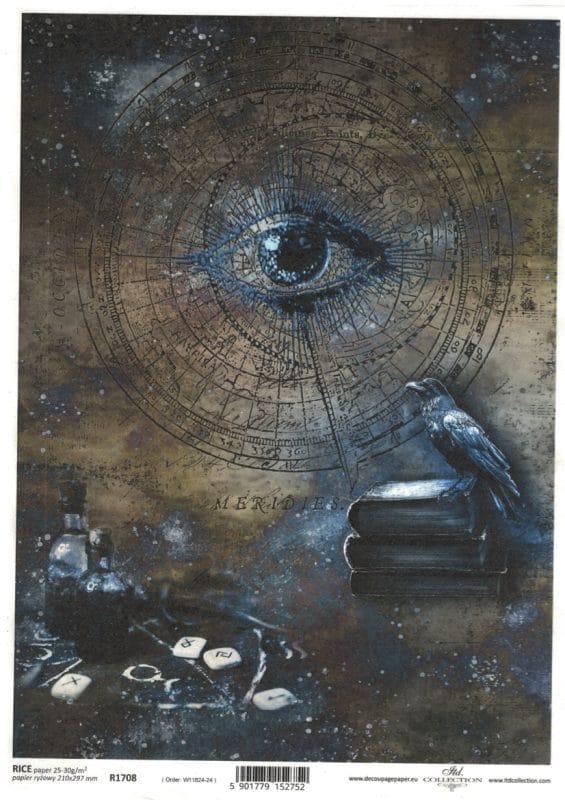 Papier ryżowy ITD Collection R1708 – motyw alchemii, oko / kruk, format A4