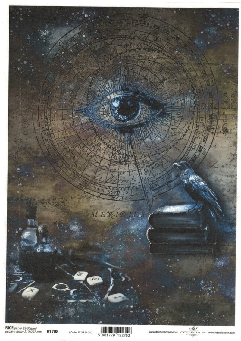 Papier ryżowy ITD Collection R1708 – motyw alchemii, oko / kruk, format A4