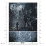 Papier ryżowy ITD Collection R1931 A4 z motywem mrocznej gotyckiej ulicy nocą, księżycem, gargulcami i tajemniczą postacią