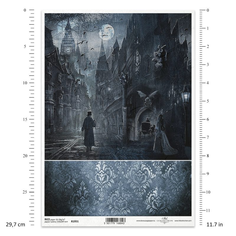 Papier ryżowy ITD Collection R1931 A4 z motywem mrocznej gotyckiej ulicy nocą, księżycem, gargulcami i tajemniczą postacią