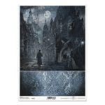 Papier ryżowy ITD Collection R1931 A4 z motywem mrocznej gotyckiej ulicy nocą, księżycem, gargulcami i tajemniczą postacią