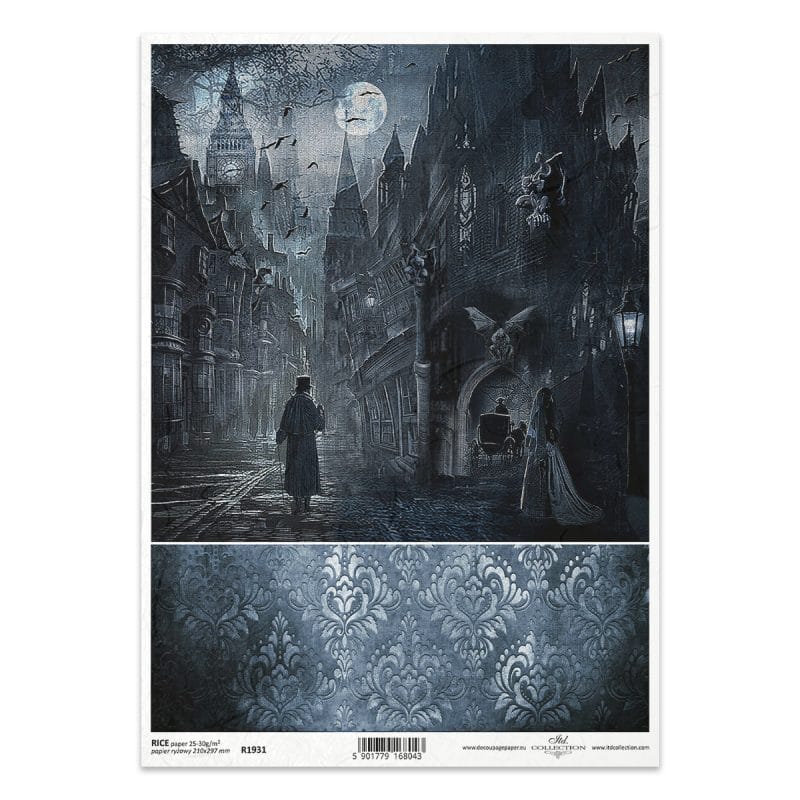 Papier ryżowy ITD Collection R1931 A4 z motywem mrocznej gotyckiej ulicy nocą, księżycem, gargulcami i tajemniczą postacią