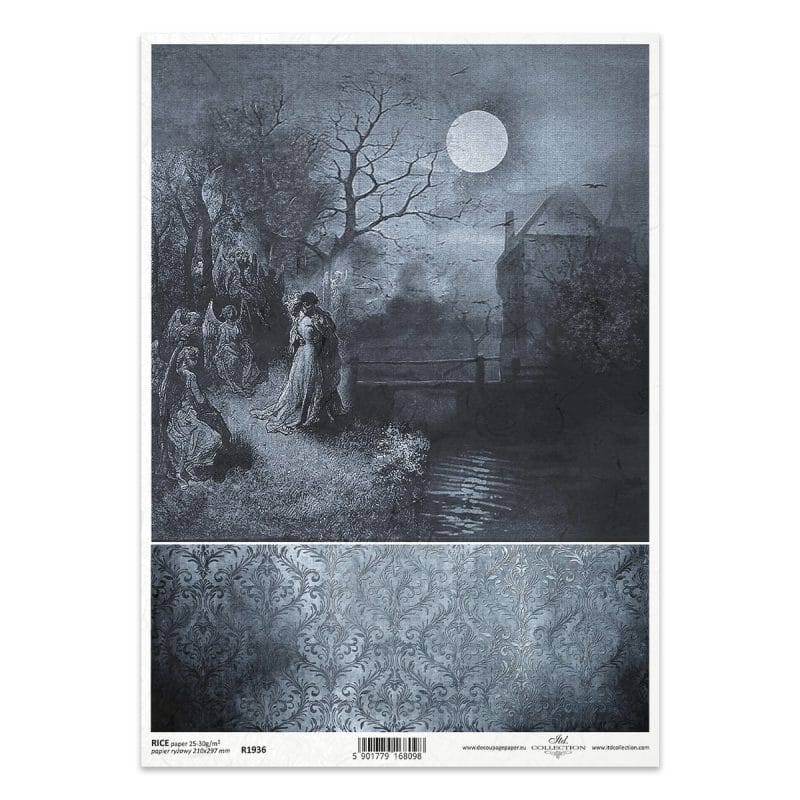 Papier ryżowy ITD Collection R1936 A4 z romantyczną sceną nocną pod księżycem i ornamentowym tłem w stylu gotyk/vintage