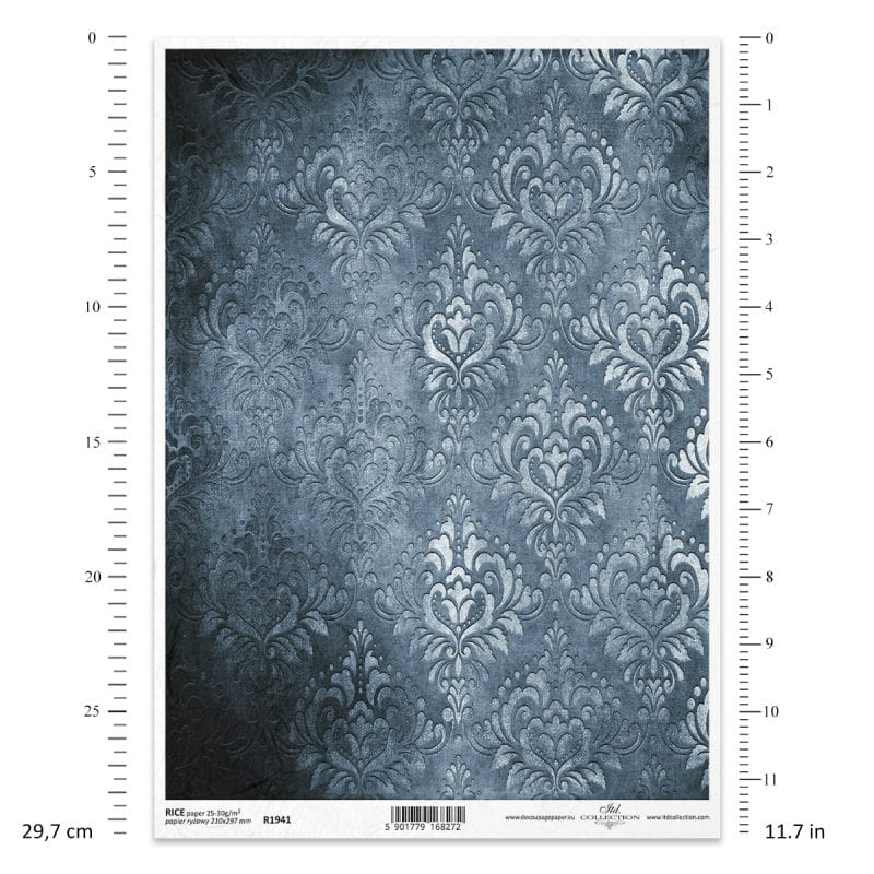 Papier ryżowy ITD Collection R1941 A4 z ornamentowym tłem w stylu vintage w odcieniach grafitu i granatu
