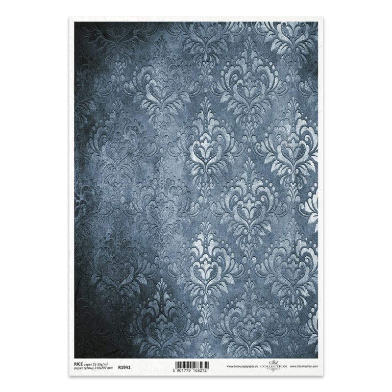 Papier ryżowy ITD Collection R1941 A4 z ornamentowym tłem w stylu vintage w odcieniach grafitu i granatu