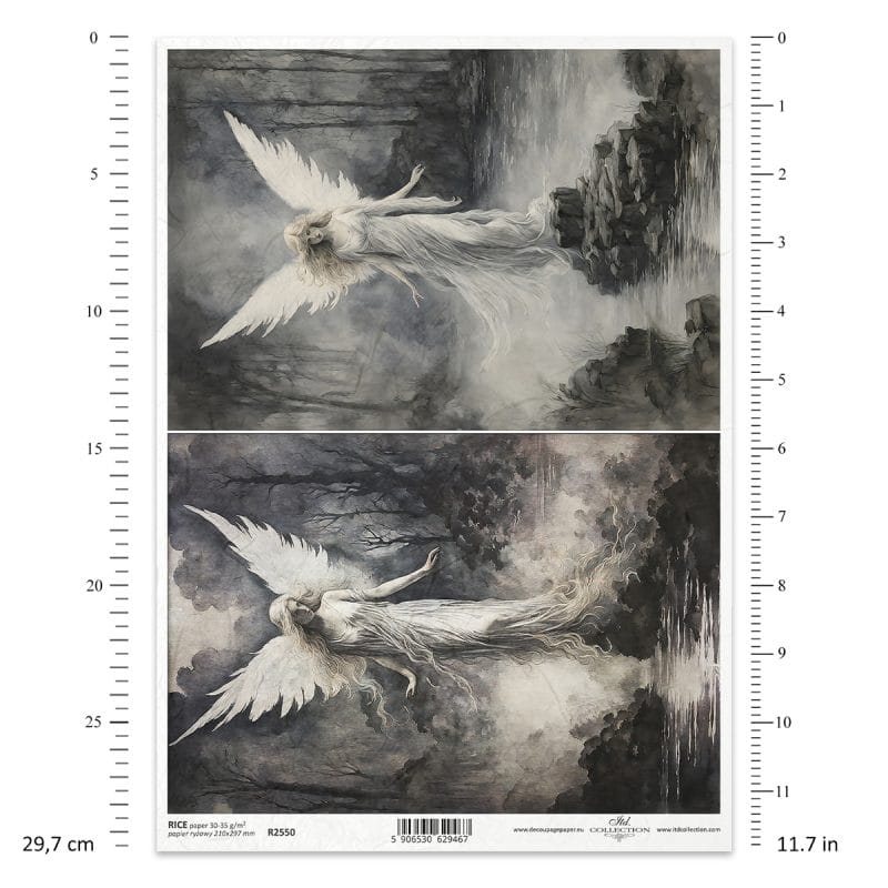 Papier ryżowy ITD Collection R2550 A4 z motywem eterycznego anioła unoszącego się nad wodą w mrocznym, baśniowym krajobr