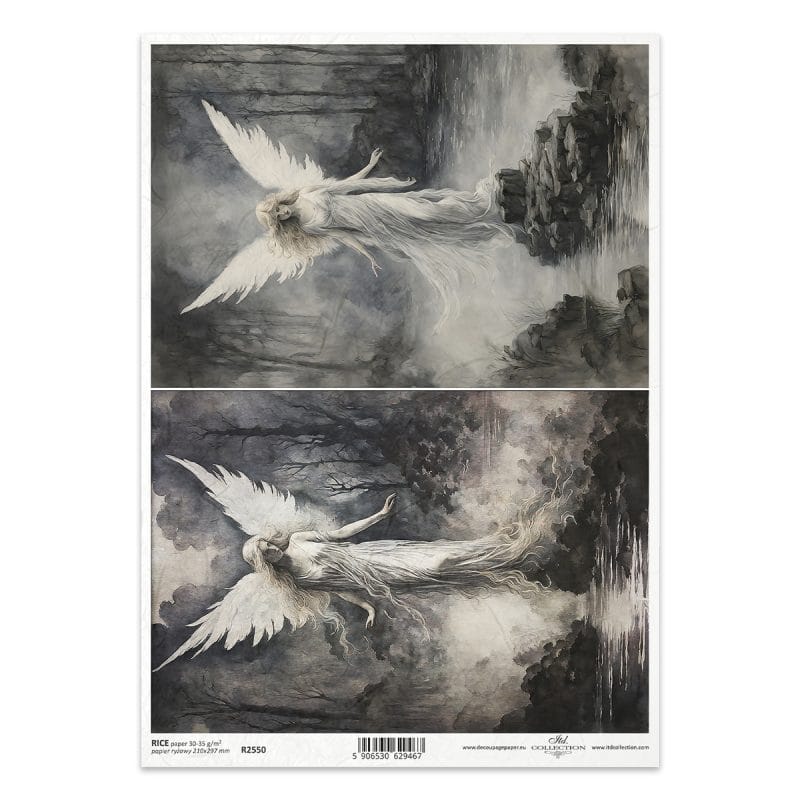Papier ryżowy ITD Collection R2550 A4 z motywem eterycznego anioła unoszącego się nad wodą w mrocznym, baśniowym krajobr
