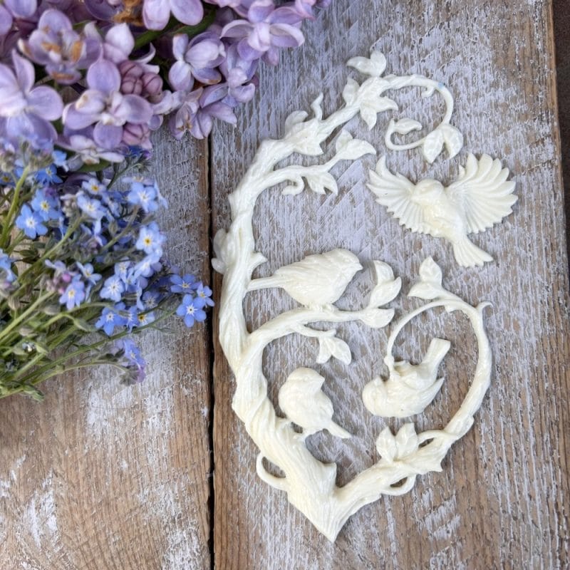 Surowy odlew z formy silikonowej Sikorki „Chirpy Chickadees” FMP071 z motywem ptaków i drzewa