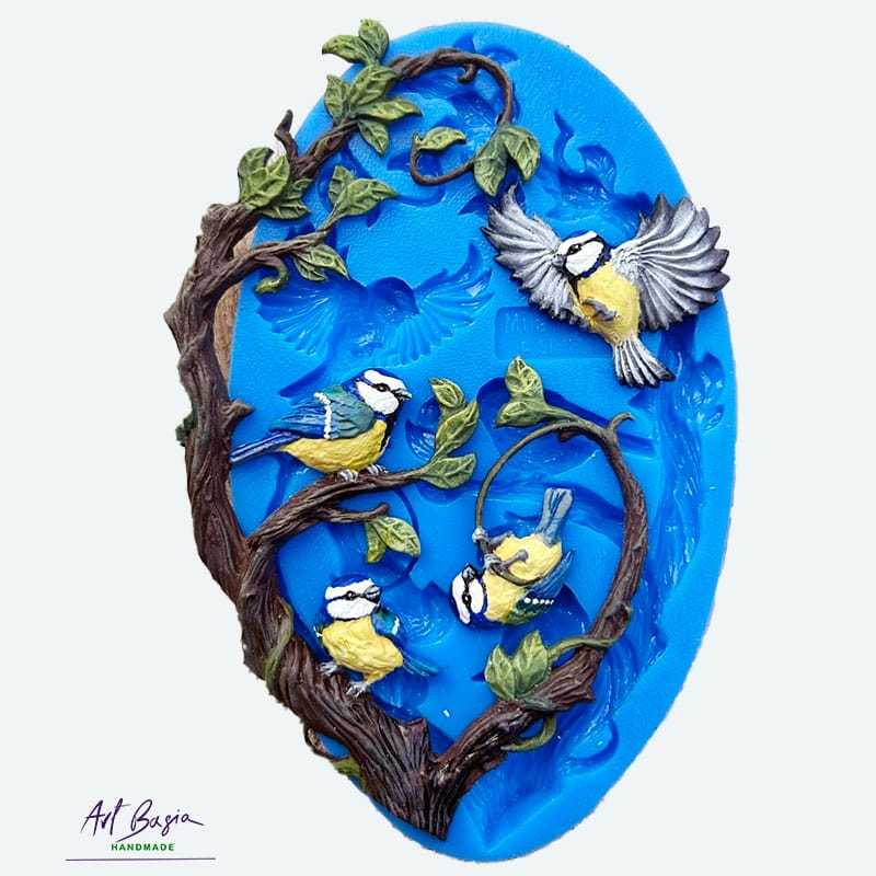 Forma silikonowa z motywem sikorek na drzewie, Mila Projekt FMP071, foremka do odlewów dekoracyjnych