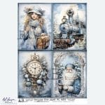 Papier ryżowy ABstudio 6302 zimowy vintage dama z walizką lokomotywa zegar Mikołaj decoupage A4